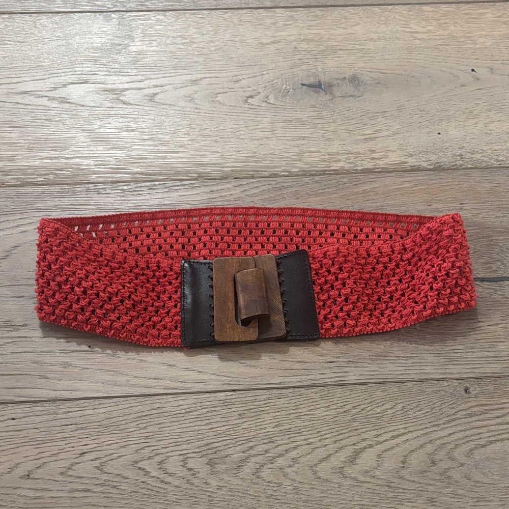 Red Woven Belt with Brown Buckle